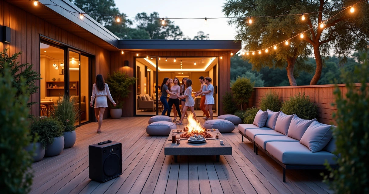 Modern outdoor patio setup for music night in Austin
