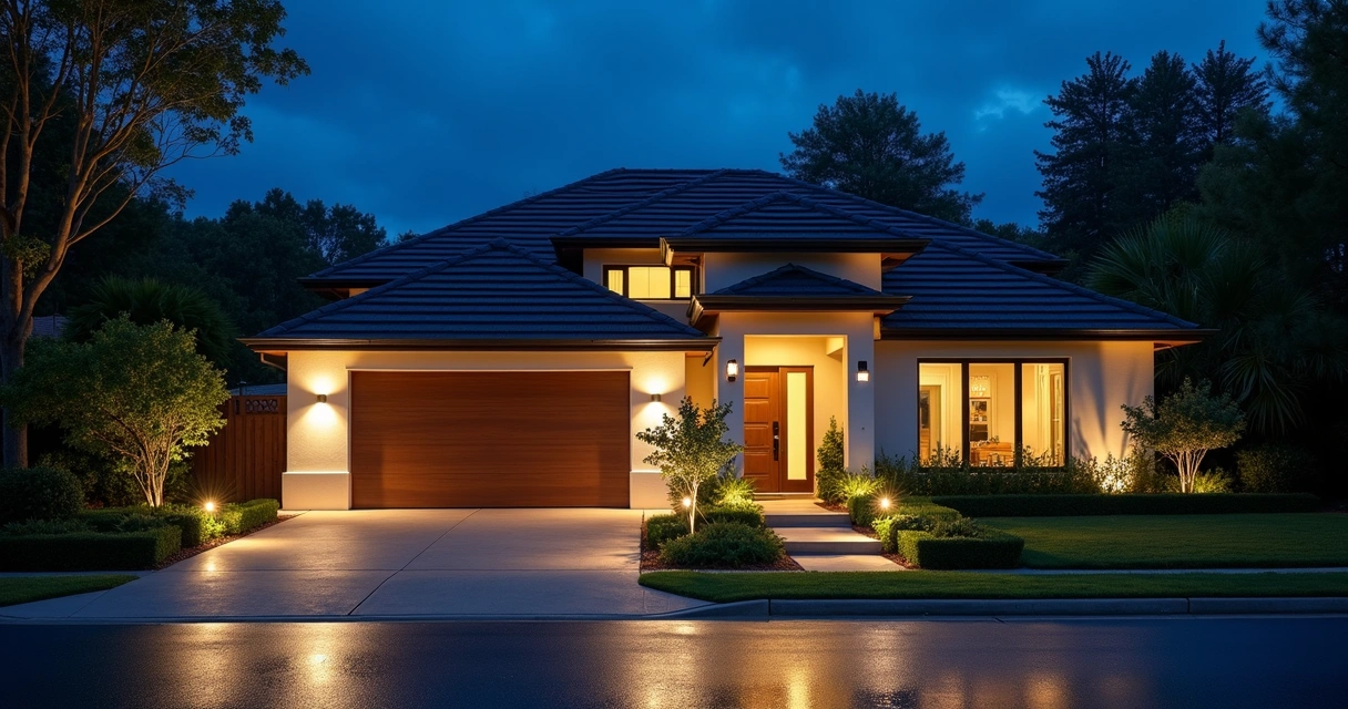 Automated security lighting illuminating driveway and front yard 