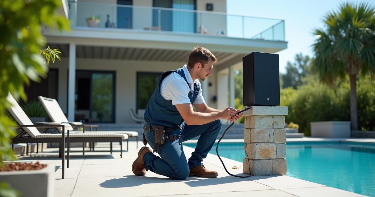 Technician wiring outdoor speaker enclosure near a pool area 