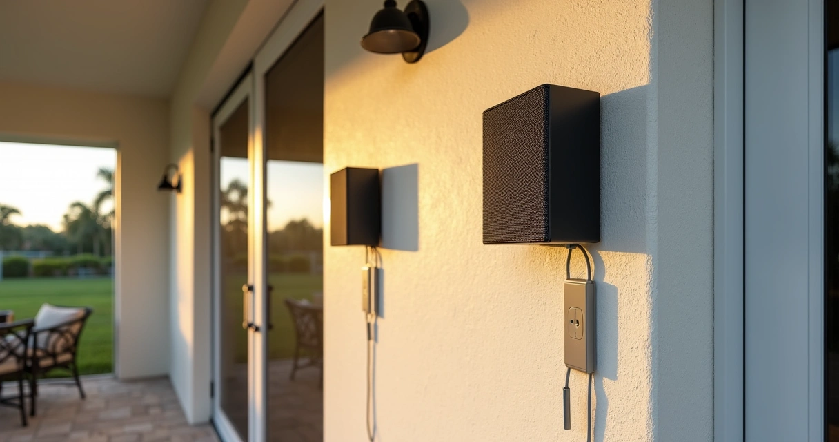 Wall-mounted outdoor speakers in a screened patio enclosure in Orlando 