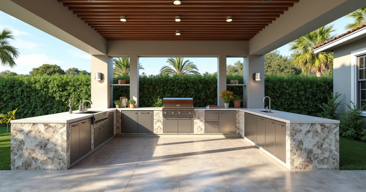 Well-designed low-maintenance summer kitchen with stone countertops and stainless steel appliances under shaded pergola in sunny backyard 