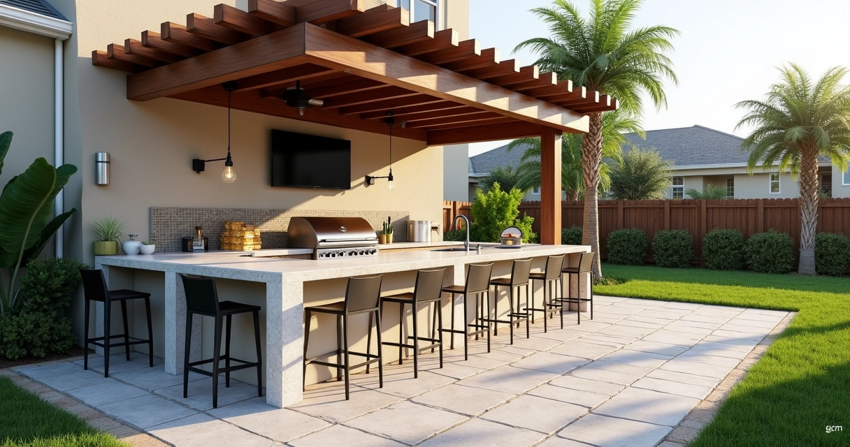 Modern outdoor summer kitchen with grill, sink, stone countertop and seating area under pergola 