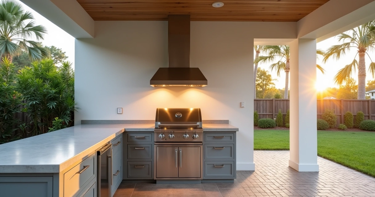 Covered summer kitchen in Orlando with stainless steel hood ventilation 