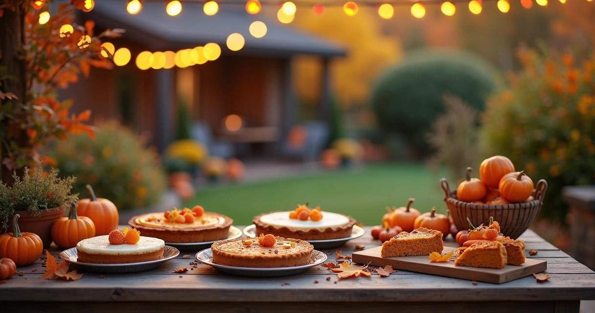 Outdoor dessert table with pies, pumpkins, and string lights