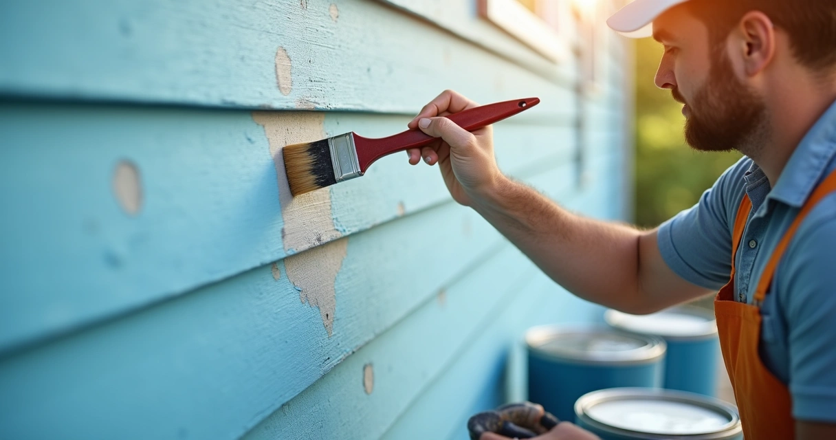 Worker blending paint on outdoor siding 