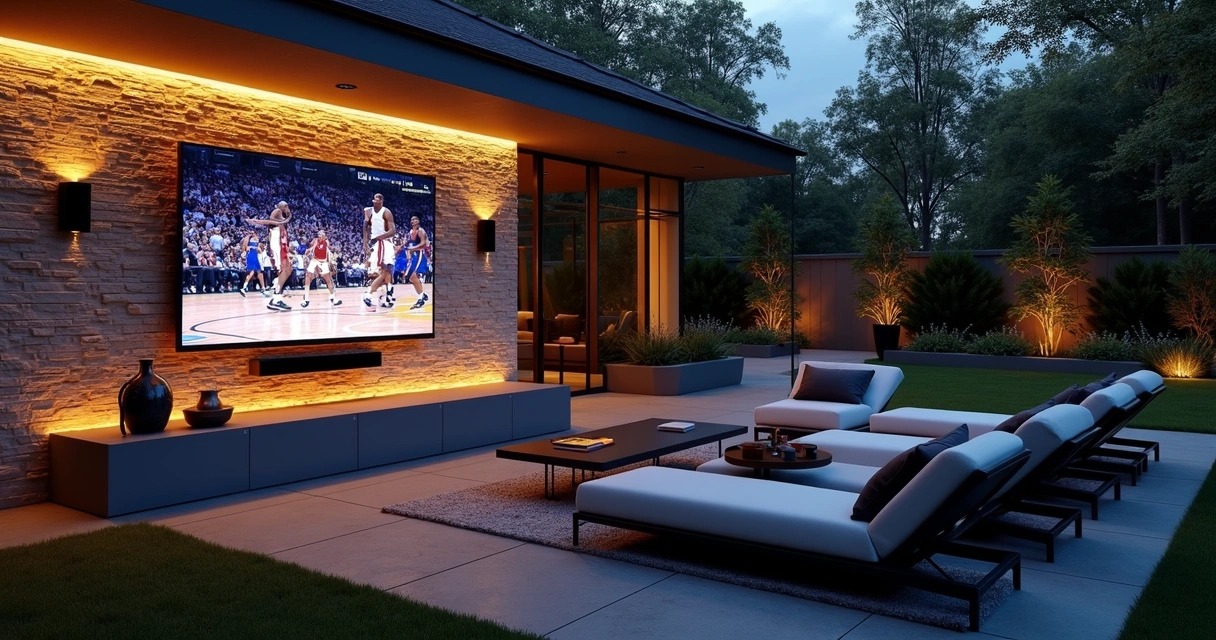 Outdoor TV beside stone wall with NBA game on screen and comfortable lounge chairs 
