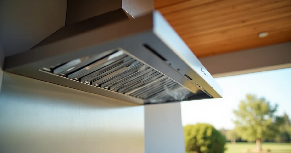 Outdoor vent hood installed above grill in covered outdoor kitchen 