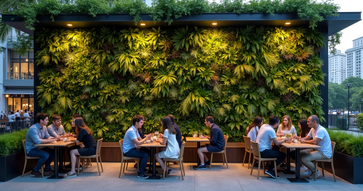 Outdoor cafe with lush vertical garden and customers 