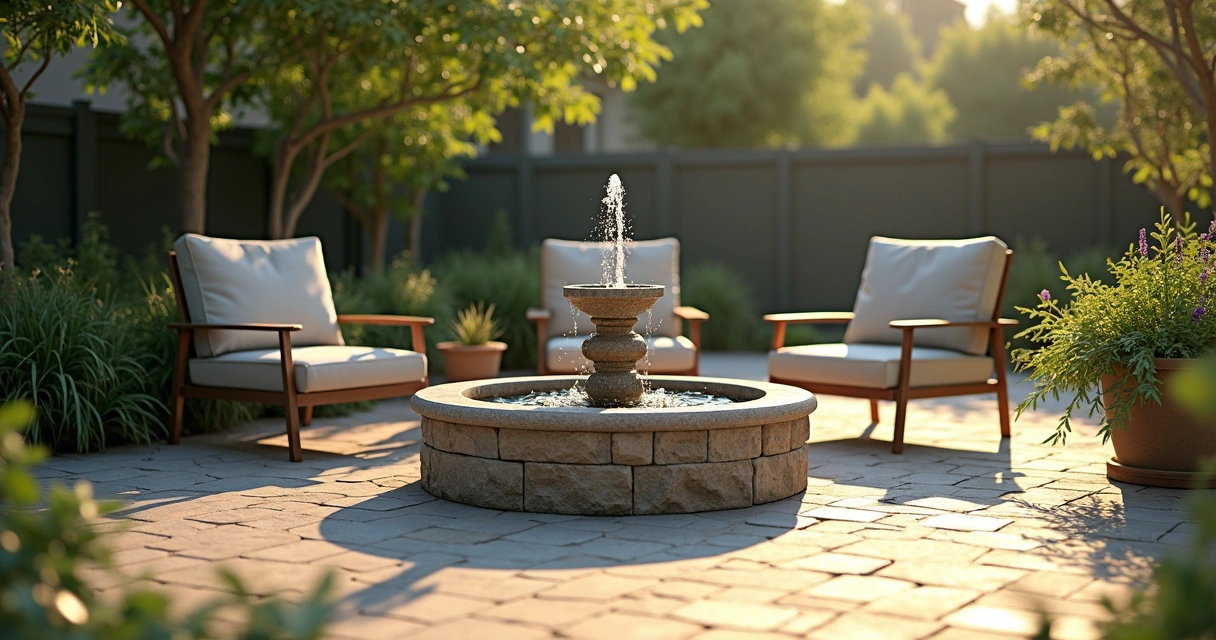 Backyard patio with water fountain and seating