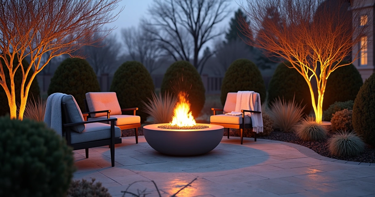 Fire pit on stone patio surrounded by evergreen plants and winter grasses
