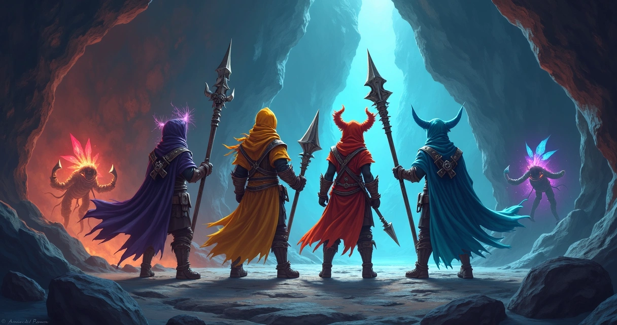 Personagens com diferentes outfits coloridos em uma hunt em caverna