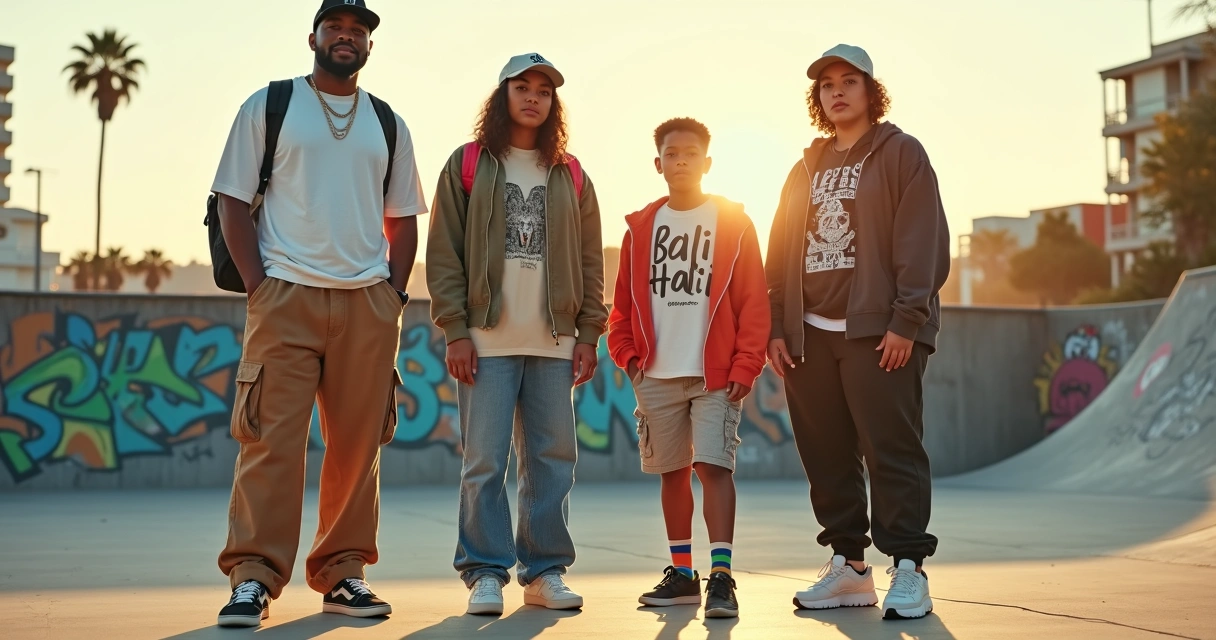 Grupo diverso usando outfits streetwear coloridos em cenário urbano 