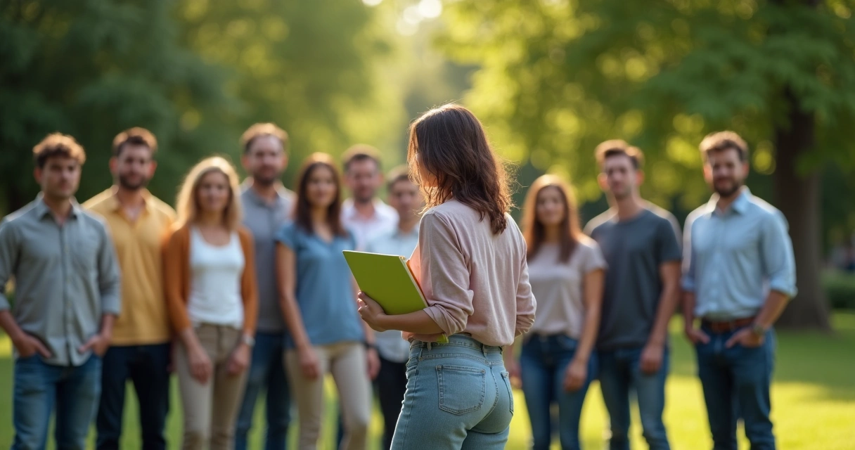 One person stepping away from a group facing forward, looking back while holding a bright notebook 