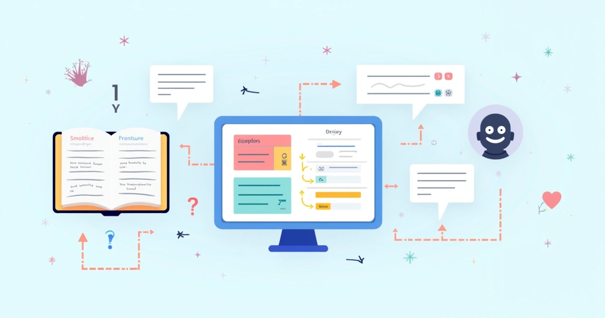 Illustration of AI tools for grammar learning, featuring a digital interface, notebook, and chatbot interaction.