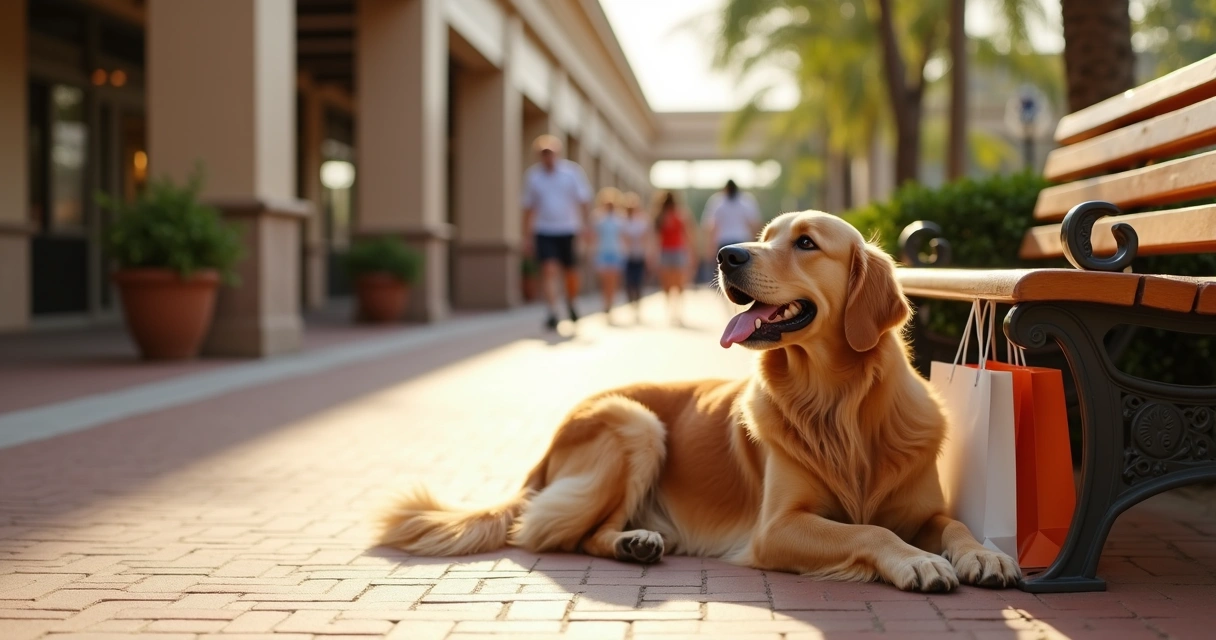 Cachorro descansando sob banco em outlet pet friendly 