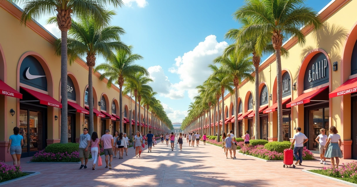 Panorama de outlet em Orlando, com lojas famosas e famílias passeando 