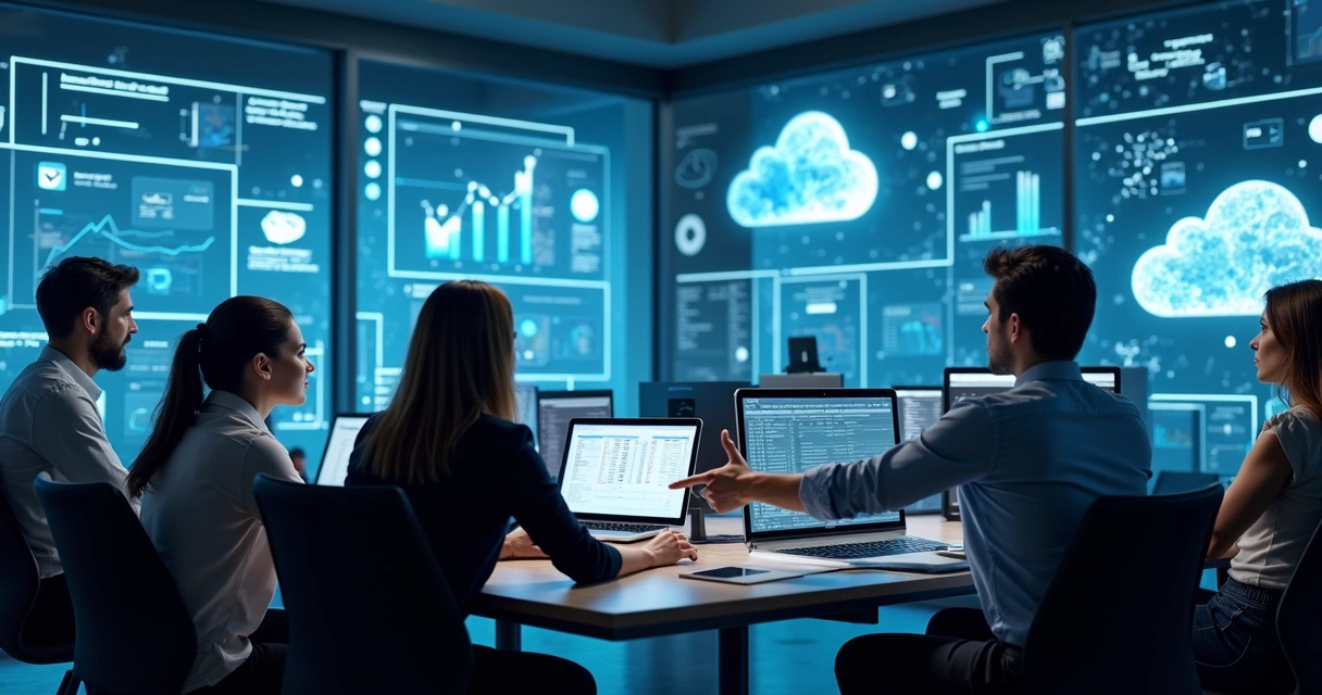 Equipe de TI reunida monitorando recursos em nuvem em sala de escritório moderna 