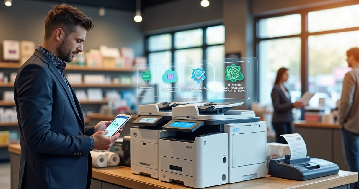 Gestor de varejo analisando impressoras em operação em uma loja moderna 