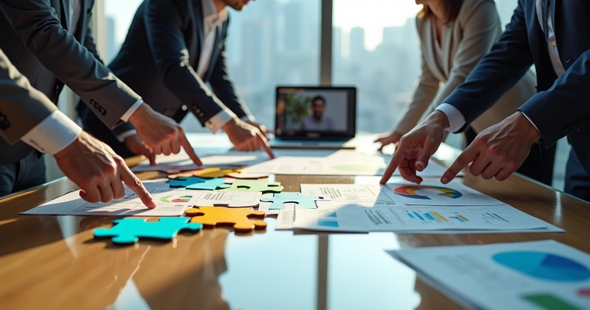 Reunião de parceiros decidindo outsourcing com peças de quebra-cabeça sobre a mesa 