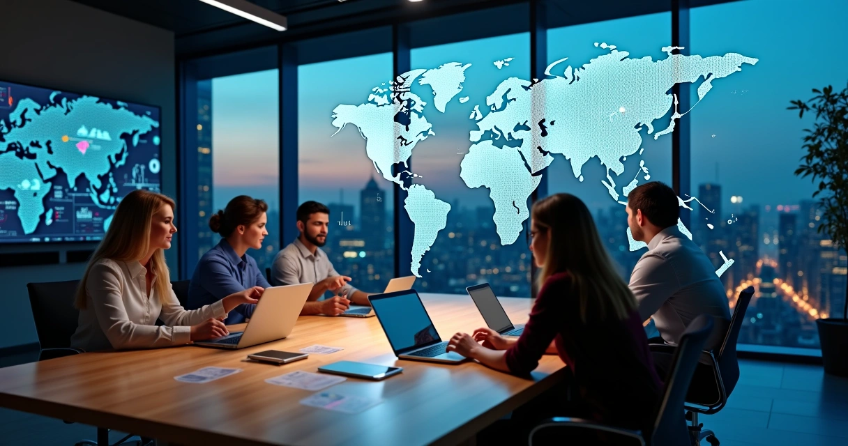 Equipe de tecnologia colaborando com parceiro de outsourcing em ambiente moderno 