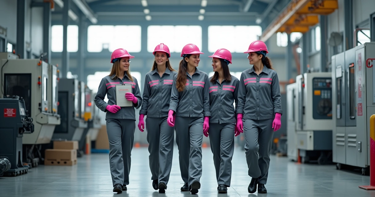 Trabalhadoras em fábrica usando EPI rosa diante de máquinas industriais 