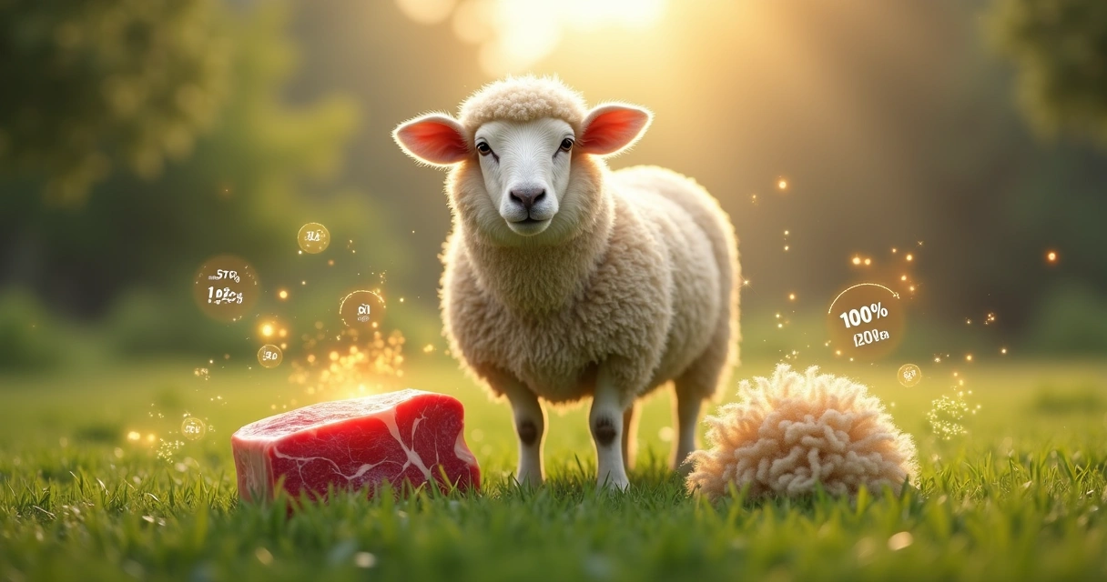 Ovelha em pasto verde com destaque para carne e lã como itens de loot em jogo de Tibia 