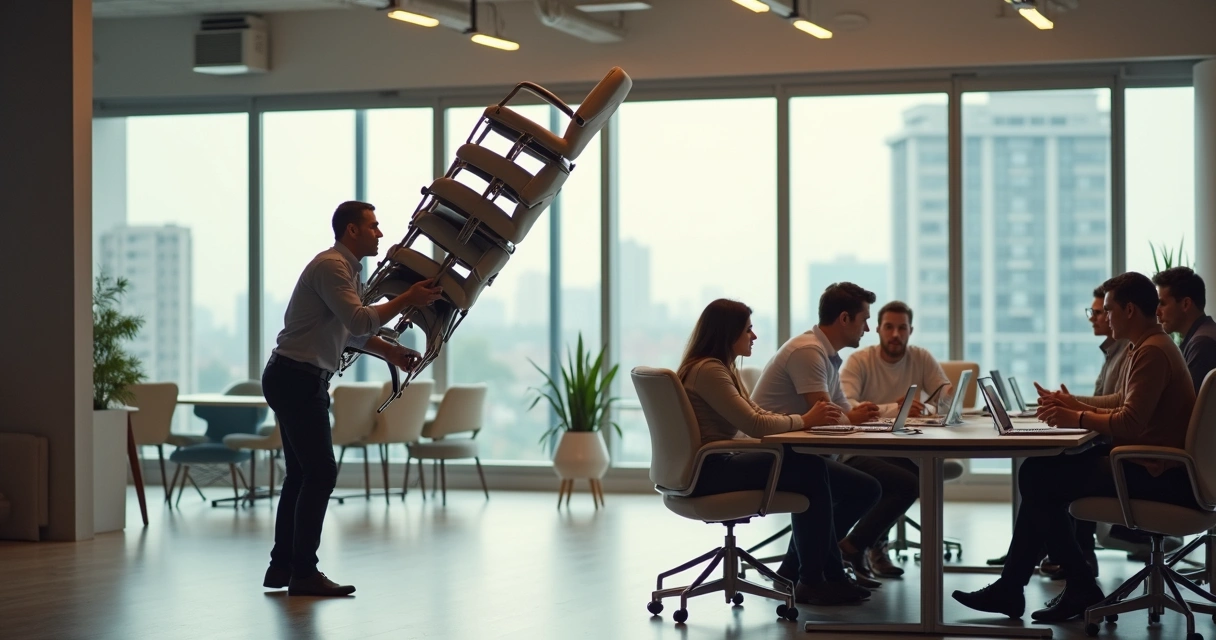 Team member bending to support stack of chairs while colleagues sit comfortably 