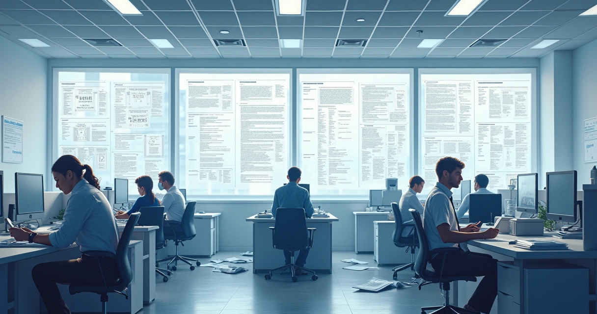 Office environment with excessive policies and compliance posters