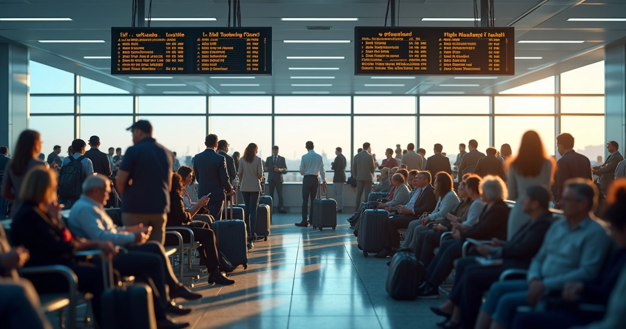 Passengers standing crowded at an airport gate waiting for an overbooked flight 