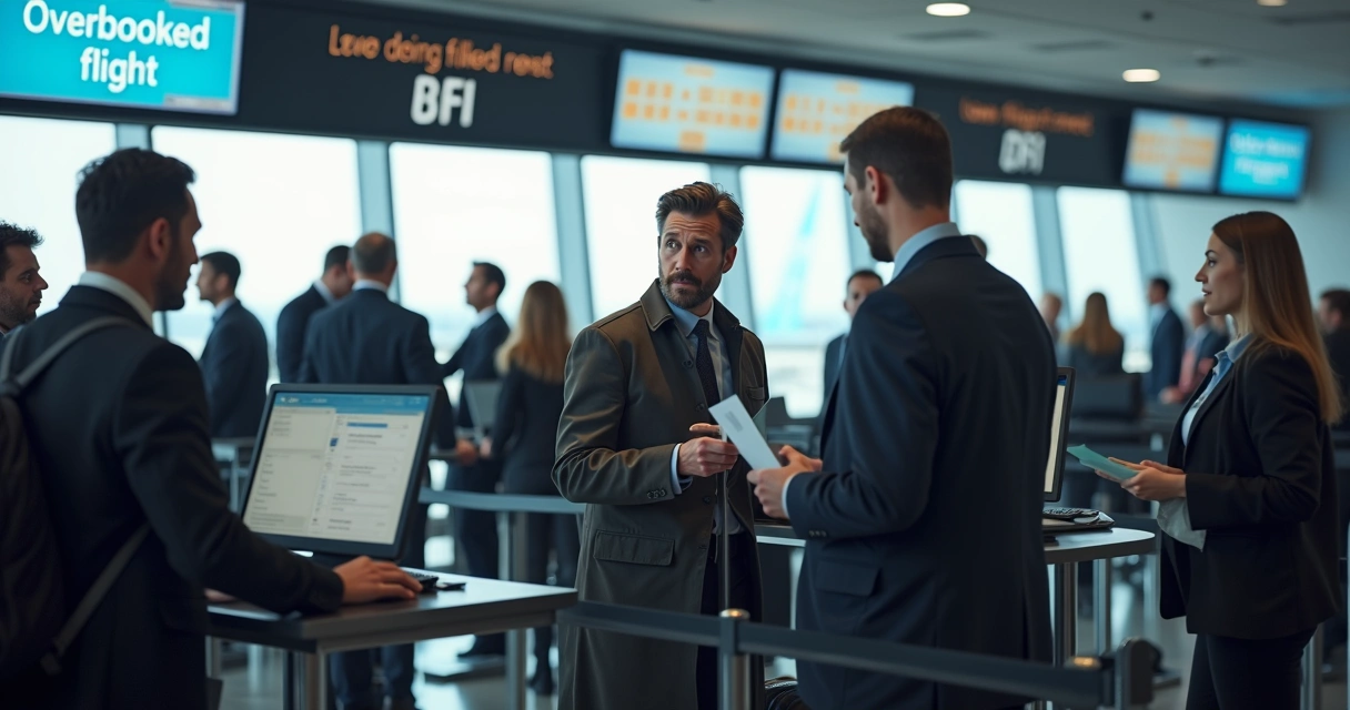 Passageiros discutindo com funcionários de companhia aérea após overbooking. 