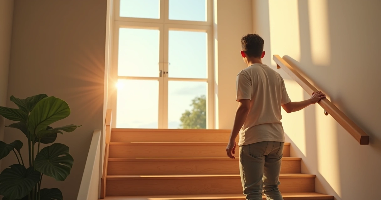 Person taking first step up a staircase in a modern home. 