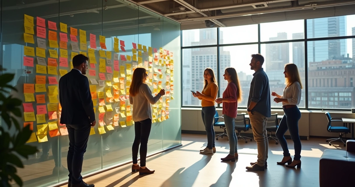 Team in workshop removing sticky notes with biases from a glass wall