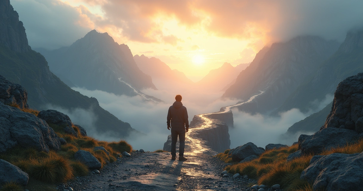 Person standing at a crossroads facing challenging paths ahead 