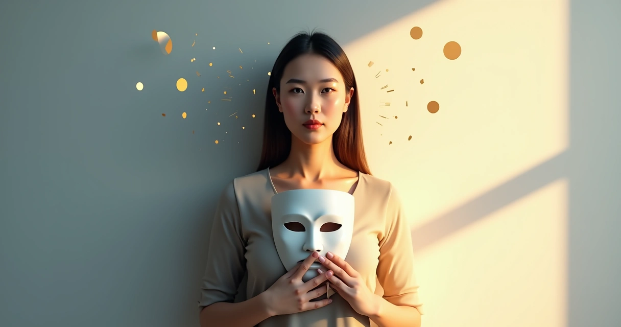 Person standing between shadow and light with torn mask symbolizing imposter syndrome 