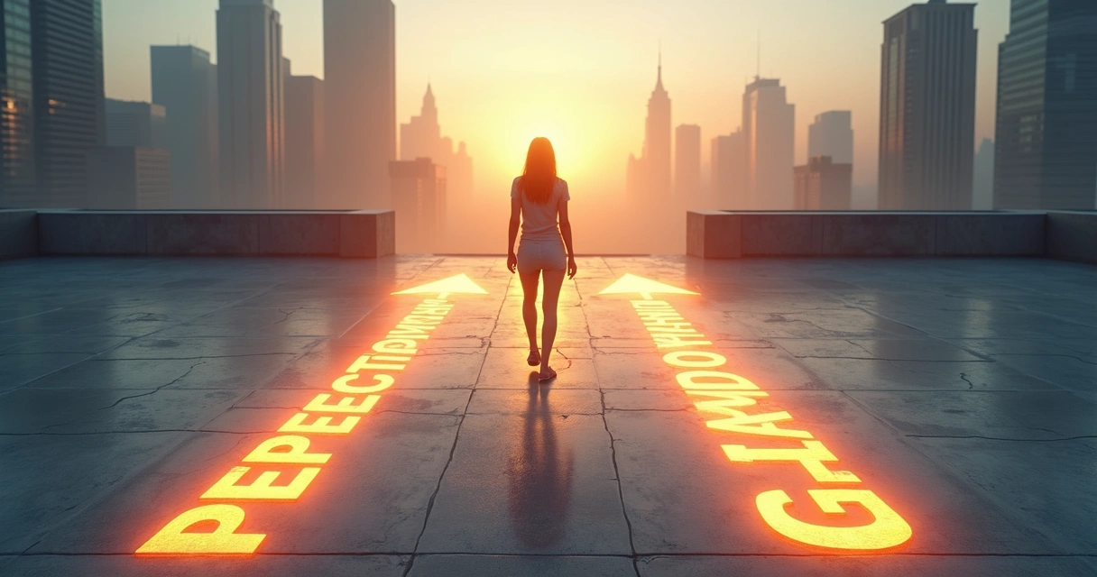Person at a crossroads choosing growth over perfection on a city rooftop at sunrise 
