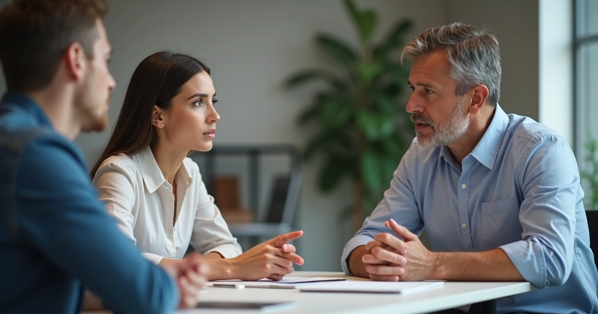 Two people talking, one actively listening to feedback, overcoming personal defensiveness