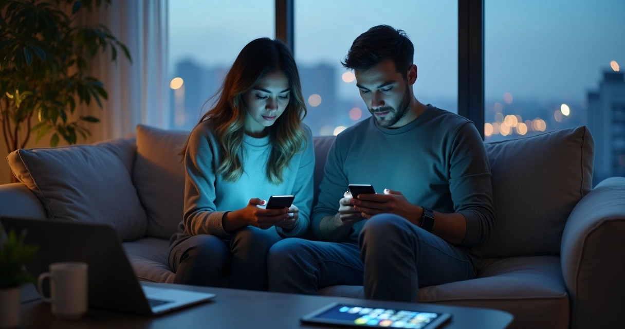 Couple sitting together on a sofa focused on their phones and emotionally distant 