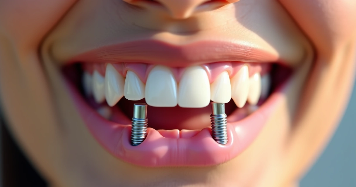 Overdenture implanto-retida em boca aberta com dois implantes visíveis