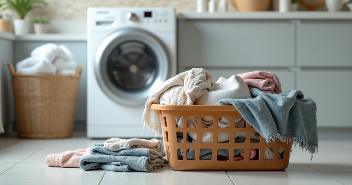 Overflowing laundry basket in front of washing machine. 