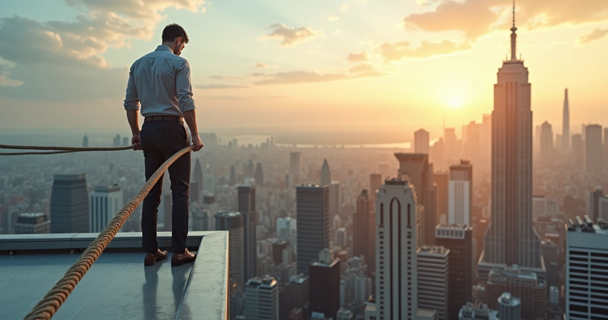 Worker on office rooftop pulling heavy rope tied to skyscrapers 