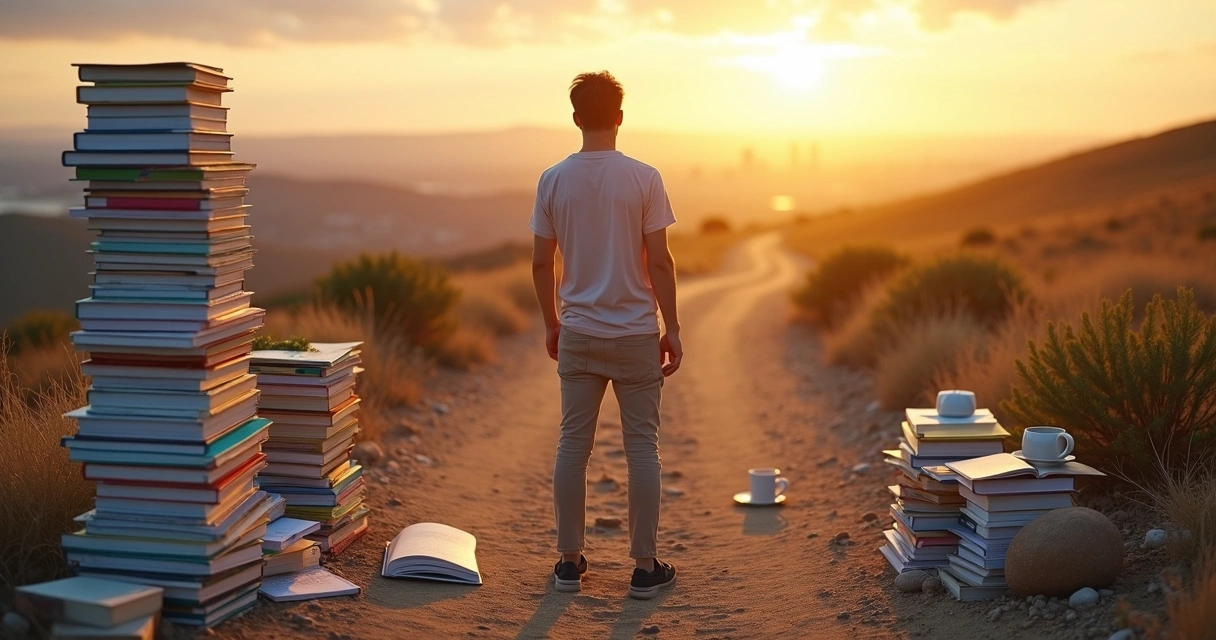 Person standing at a crossroads between an overloaded self-help path and a calm balanced path 