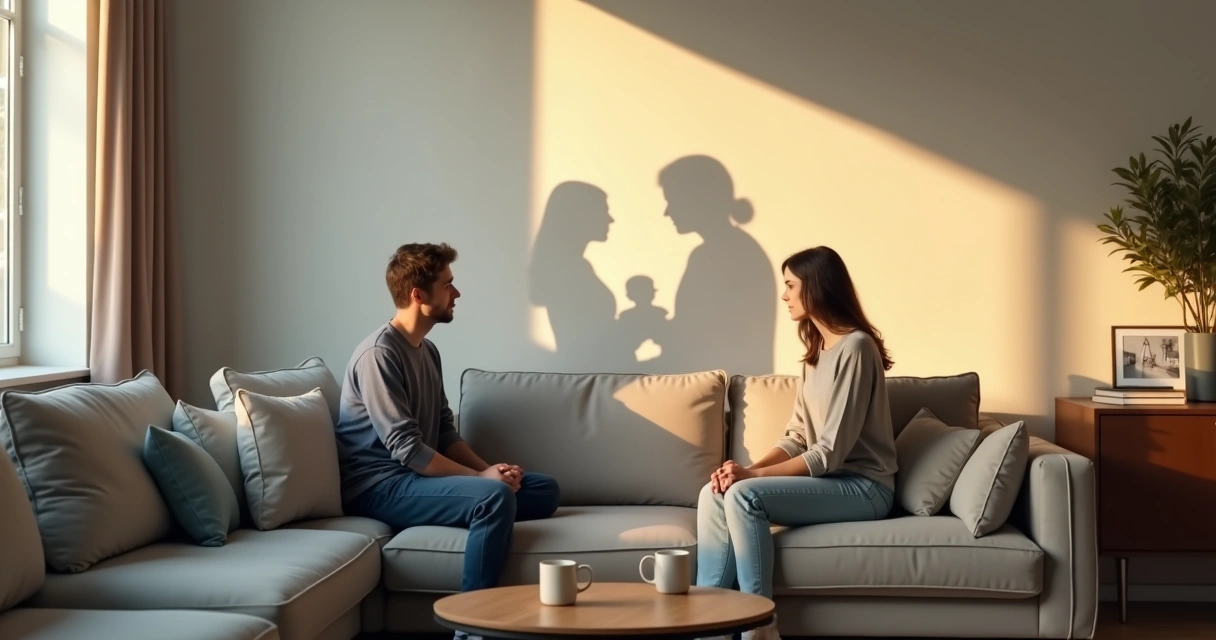 Adult silhouettes in a living room with overlapping shadows showing confused roles 