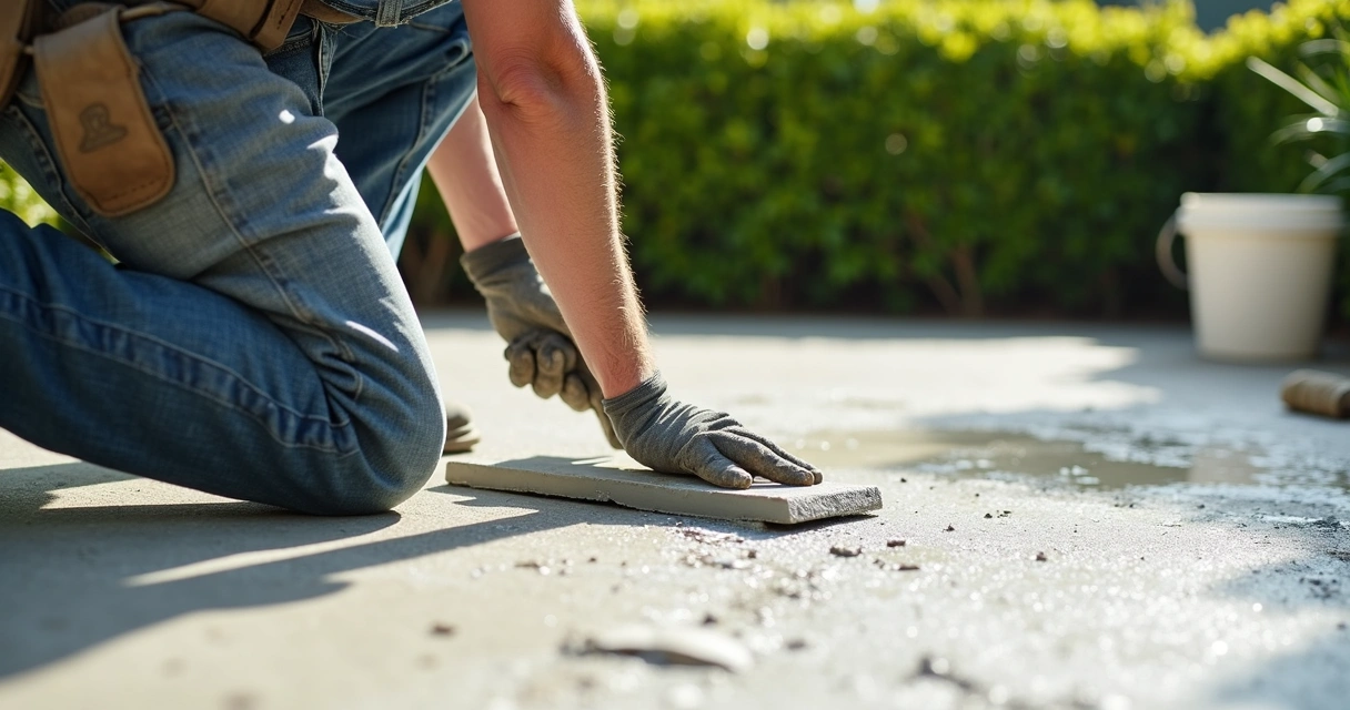 Worker applying overlay concrete coating to patio 