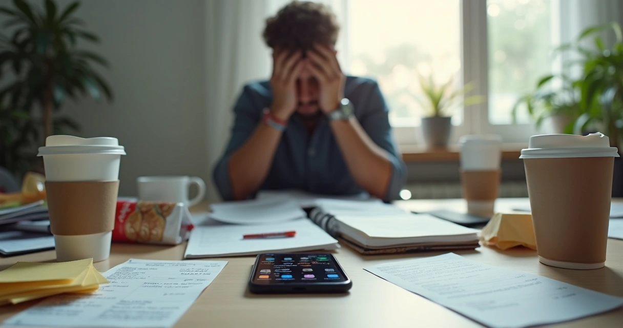 Cluttered desk with phone, receipts, disposable cups, and a stressed person writing notes 