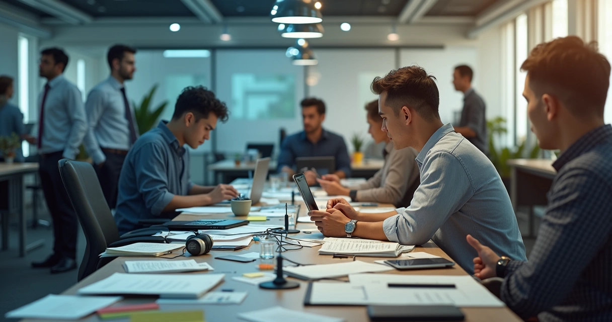 Office worker at chaotic desk split between fatigue and clarity 