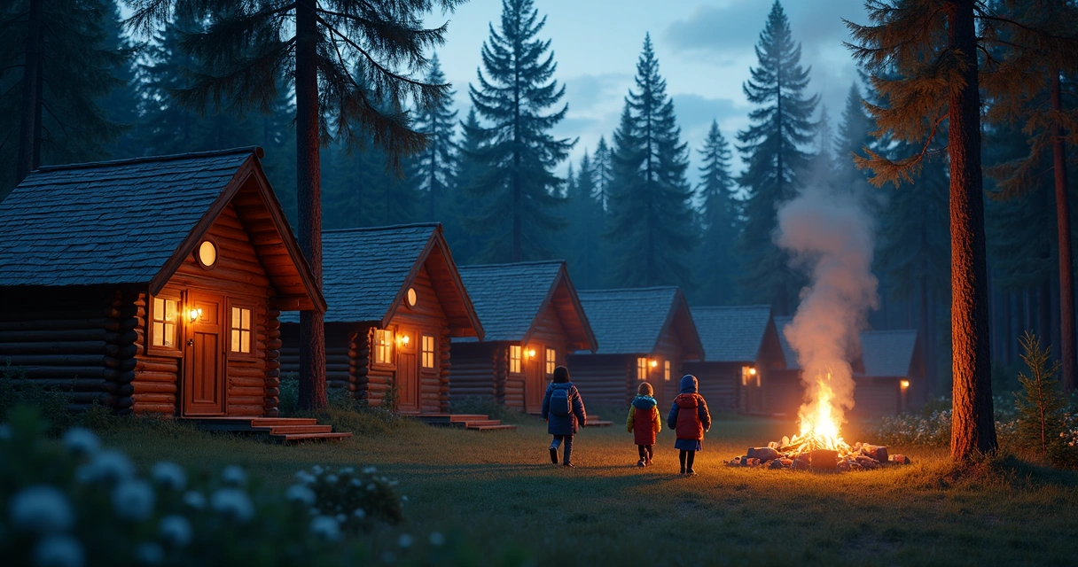 Overnight camp cabins at dusk in a wooded area