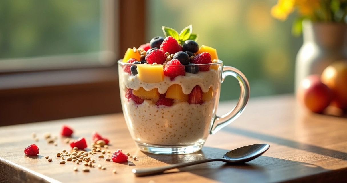 Copo transparente com overnight oats, frutas e sementes no topo 