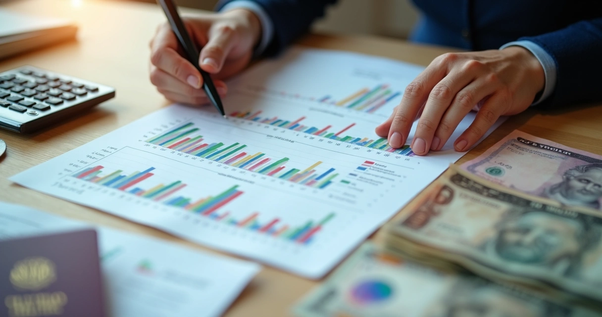 Graph and documents with person reviewing international investment options 