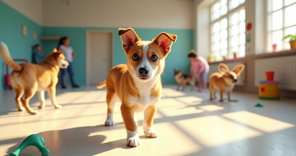 Dog showing signs of overstimulation surrounded by other playful dogs in daycare 