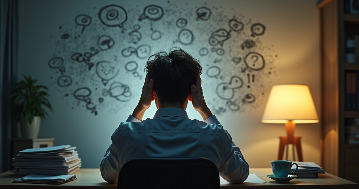 Person holding head surrounded by swirling thought bubbles